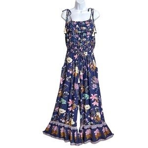 Spell & the Gypsy Wild Bloom Boho Jumpsuit S Blue Floral Ruffle Hem Hippie